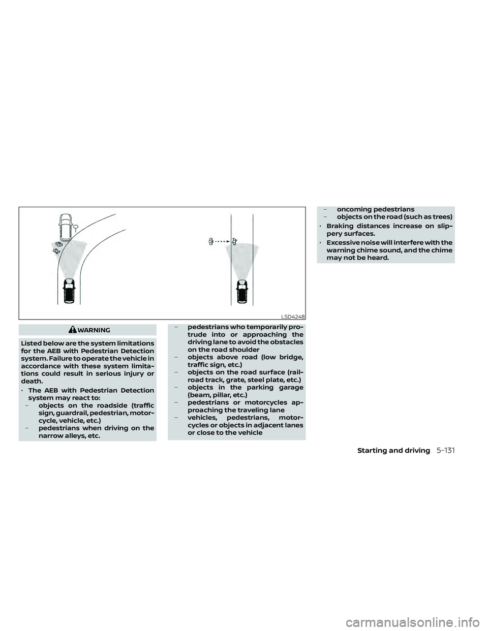 NISSAN LEAF 2022  Owner´s Manual WARNING
Listed below are the system limitations
for the AEB with Pedestrian Detection
system. Failure to operate the vehicle in
accordance with these system limita-
tions could result in serious injur