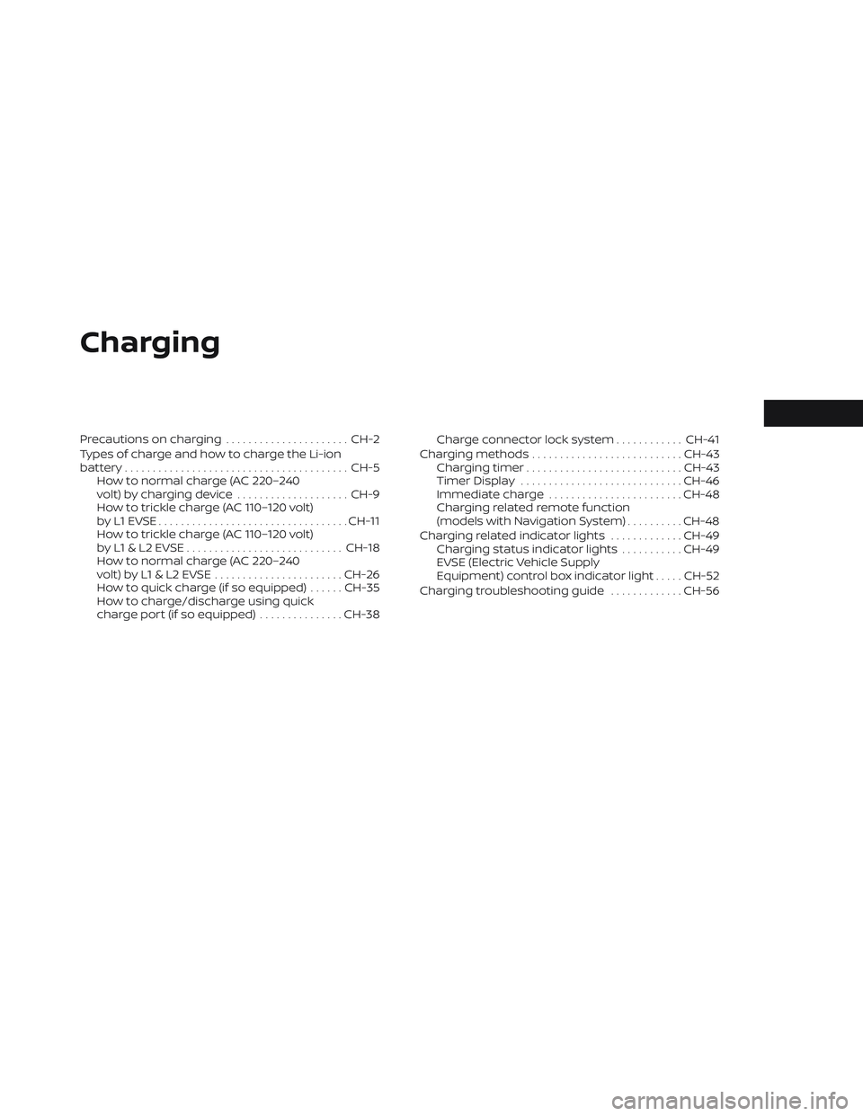 NISSAN LEAF 2022  Owner´s Manual Charging
Precautions on charging......................CH-2
Types of charge and how to charge the Li-ion
battery........................................ CH-5
How to normal charge (AC 220–240
volt) by