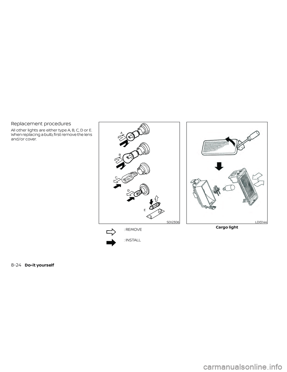 NISSAN LEAF 2022 Owner´s Manual Replacement procedures
All other lights are either type A, B, C, D or E.
When replacing a bulb, first remove the lens
and/or cover.
: REMOVE
: INSTALL
SDI2306LDI3144
Cargo light
8-24Do-it yourself NISSAN LEAF 2022 Owner´s Manual Replacement procedures
All other lights are either type A, B, C, D or E.
When replacing a bulb, first remove the lens
and/or cover.
: REMOVE
: INSTALL
SDI2306LDI3144
Cargo light
8-24Do-it yourself