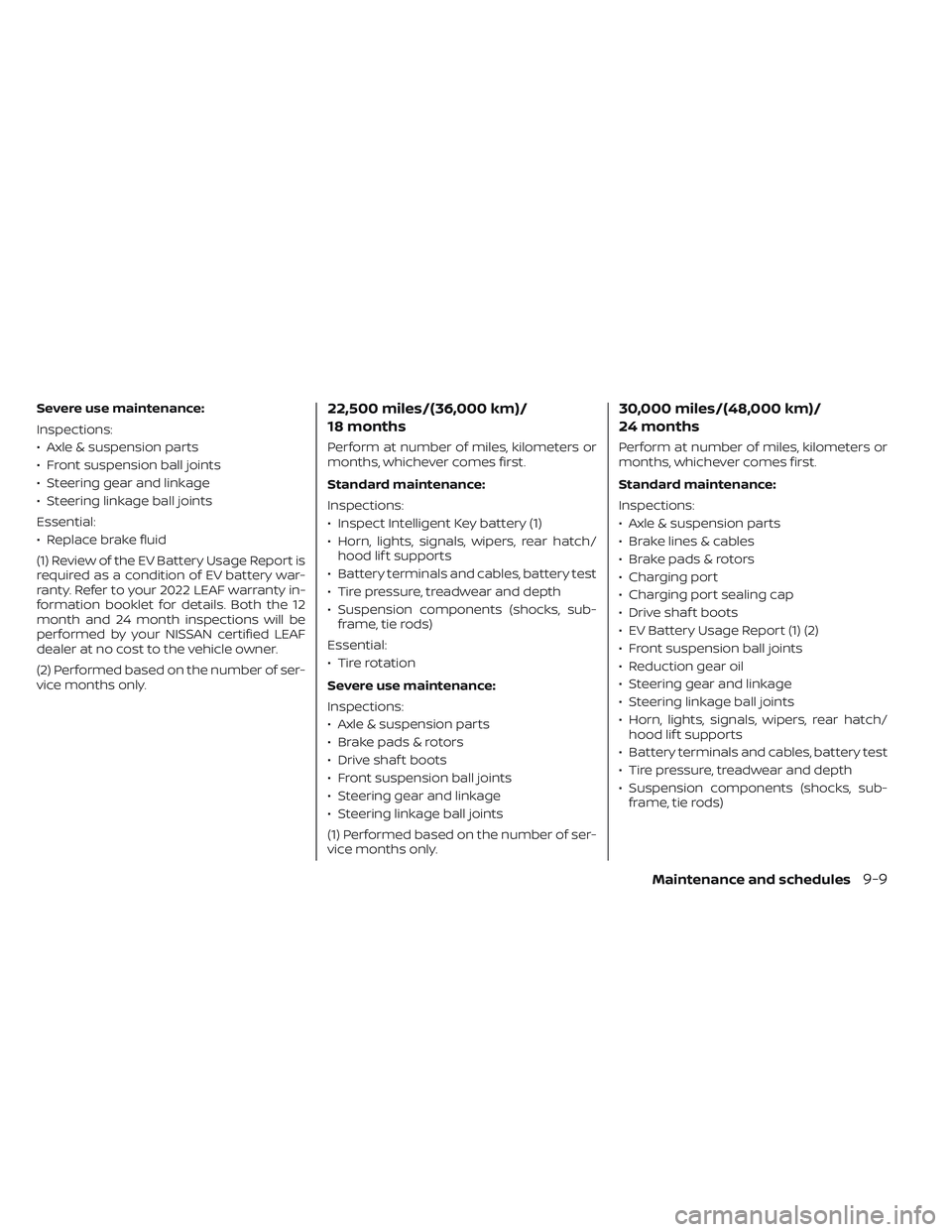 NISSAN LEAF 2022  Owner´s Manual Severe use maintenance:
Inspections:
• Axle & suspension parts
• Front suspension ball joints
• Steering gear and linkage
• Steering linkage ball joints
Essential:
• Replace brake fluid
(1) 