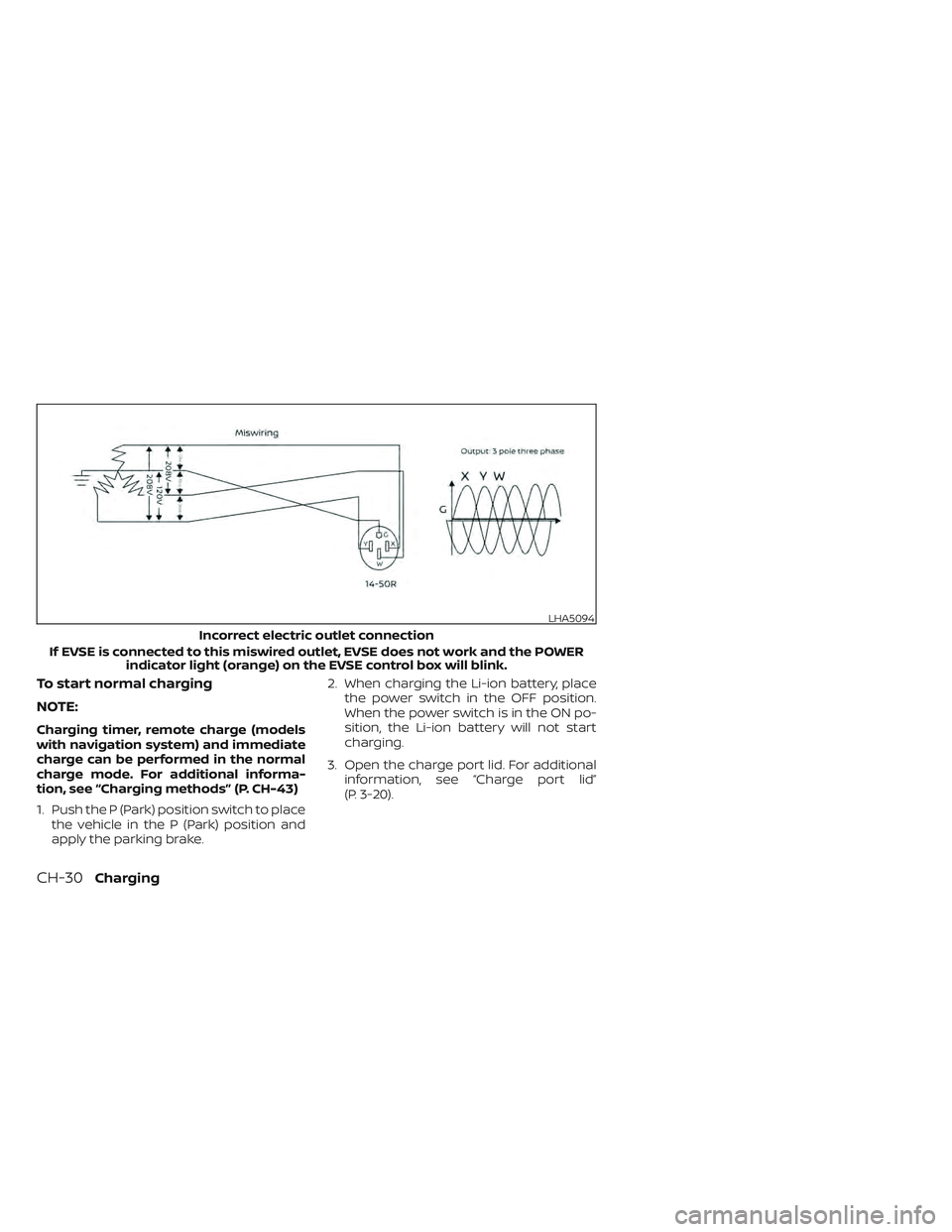 NISSAN LEAF 2022 Owner´s Manual To start normal charging
NOTE:
Charging timer, remote charge (models
with navigation system) and immediate
charge can be performed in the normal
charge mode. For additional informa-
tion, see “Charg NISSAN LEAF 2022 Owner´s Manual To start normal charging
NOTE:
Charging timer, remote charge (models
with navigation system) and immediate
charge can be performed in the normal
charge mode. For additional informa-
tion, see “Charg