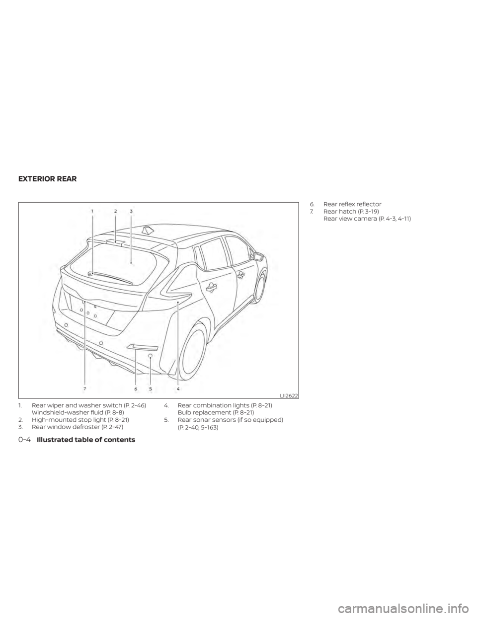 NISSAN LEAF 2021  Owner´s Manual 1. Rear wiper and washer switch (P. 2-46)Windshield-washer fluid (P. 8-8)
2. High-mounted stop light (P. 8-21)
3. Rear window defroster (P. 2-47) 4. Rear combination lights (P. 8-21)
Bulb replacement 