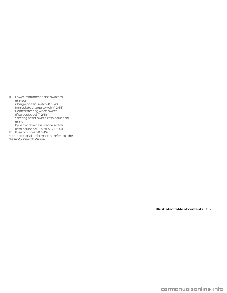 NISSAN LEAF 2021  Owner´s Manual 11. Lower instrument panel switches(P. 3-20)
Charge port lid switch (P. 3-20)
Immediate charge switch (P. 2-58)
Heated steering wheel switch
(if so equipped) (P. 2-56)
Steering Assist switch (if so eq