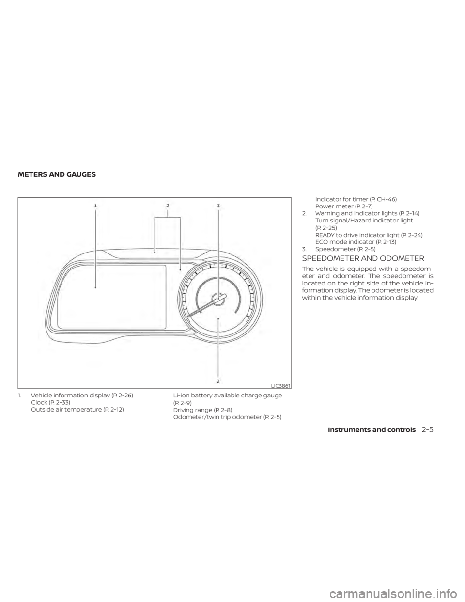 NISSAN LEAF 2021 Owner´s Manual 1. Vehicle information display (P. 2-26)Clock (P. 2-33)
Outside air temperature (P. 2-12) Li-ion battery available charge gauge
(P. 2-9)
Driving range (P. 2-8)
Odometer/twin trip odometer (P. 2-5)Indi NISSAN LEAF 2021 Owner´s Manual 1. Vehicle information display (P. 2-26)Clock (P. 2-33)
Outside air temperature (P. 2-12) Li-ion battery available charge gauge
(P. 2-9)
Driving range (P. 2-8)
Odometer/twin trip odometer (P. 2-5)Indi
