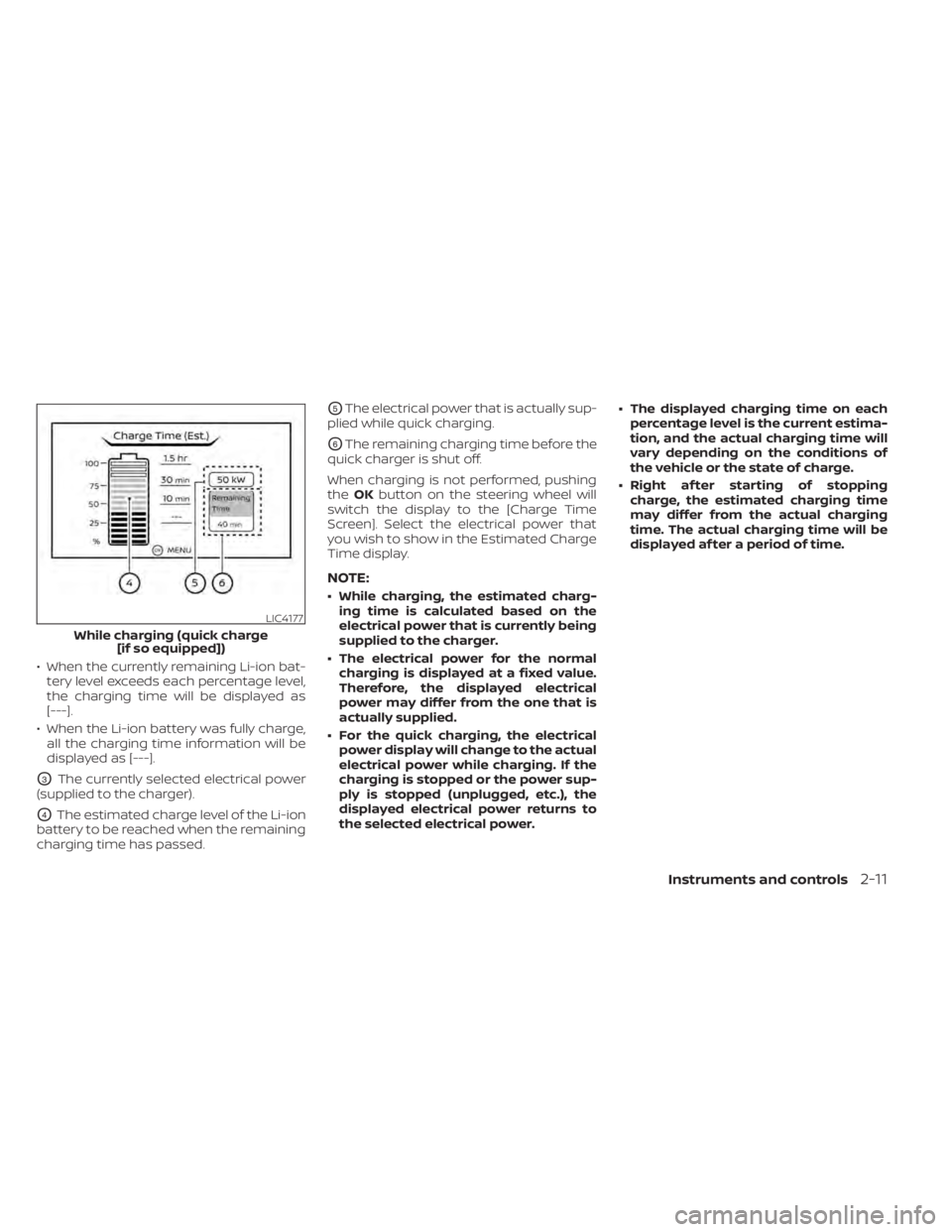 NISSAN LEAF 2021  Owner´s Manual • When the currently remaining Li-ion bat-tery level exceeds each percentage level,
the charging time will be displayed as
[---].
• When the Li-ion battery was fully charge, all the charging time 