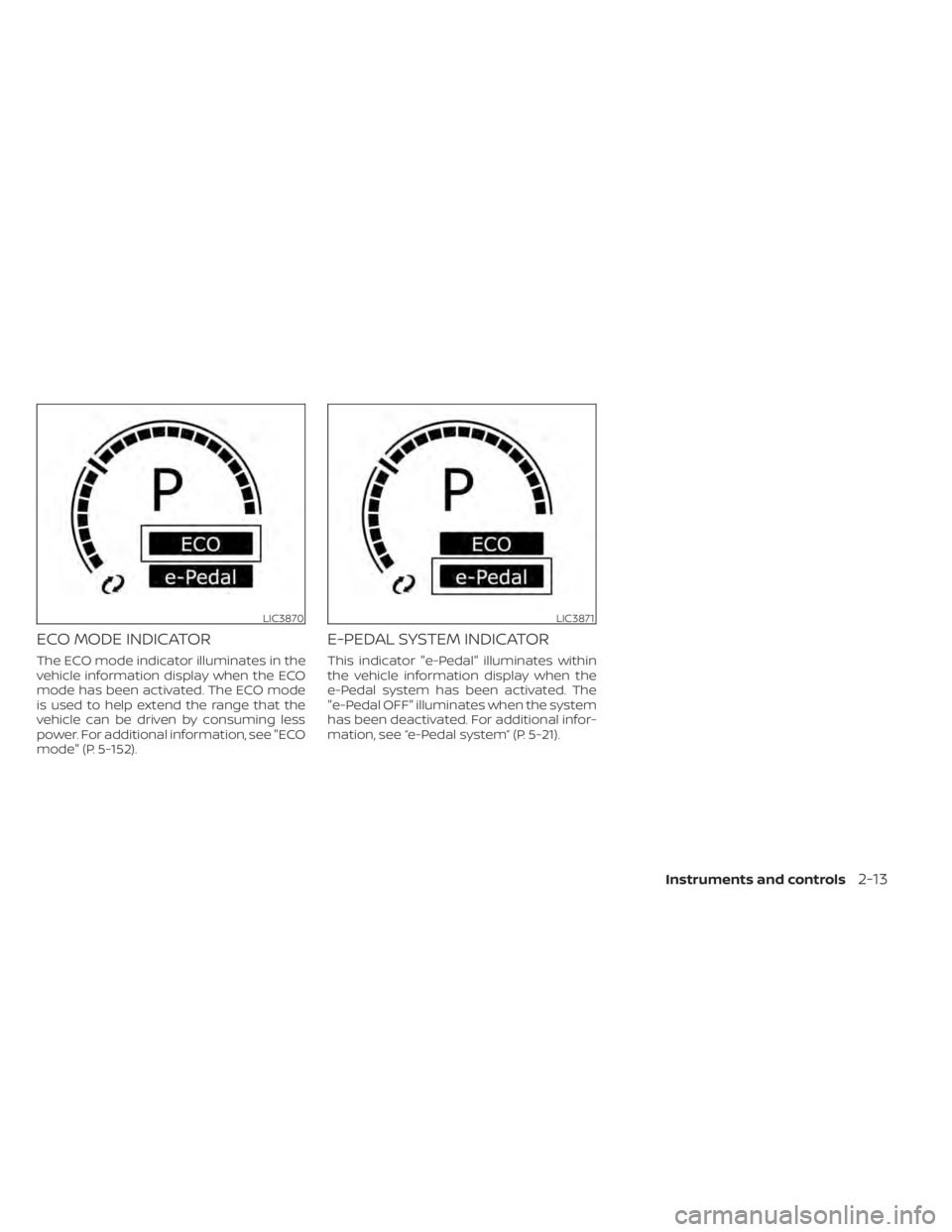 NISSAN LEAF 2021 Owner´s Manual ECO MODE INDICATOR
The ECO mode indicator illuminates in the
vehicle information display when the ECO
mode has been activated. The ECO mode
is used to help extend the range that the
vehicle can be dri NISSAN LEAF 2021 Owner´s Manual ECO MODE INDICATOR
The ECO mode indicator illuminates in the
vehicle information display when the ECO
mode has been activated. The ECO mode
is used to help extend the range that the
vehicle can be dri