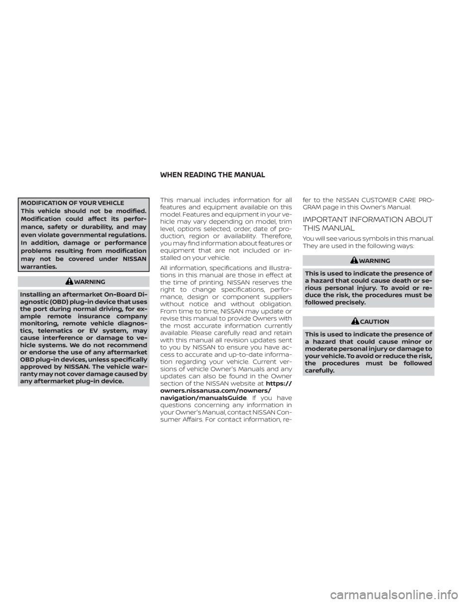 NISSAN LEAF 2021  Owner´s Manual MODIFICATION OF YOUR VEHICLE
This vehicle should not be modified.
Modification could affect its perfor-
mance, safety or durability, and may
even violate governmental regulations.
In addition, damage 