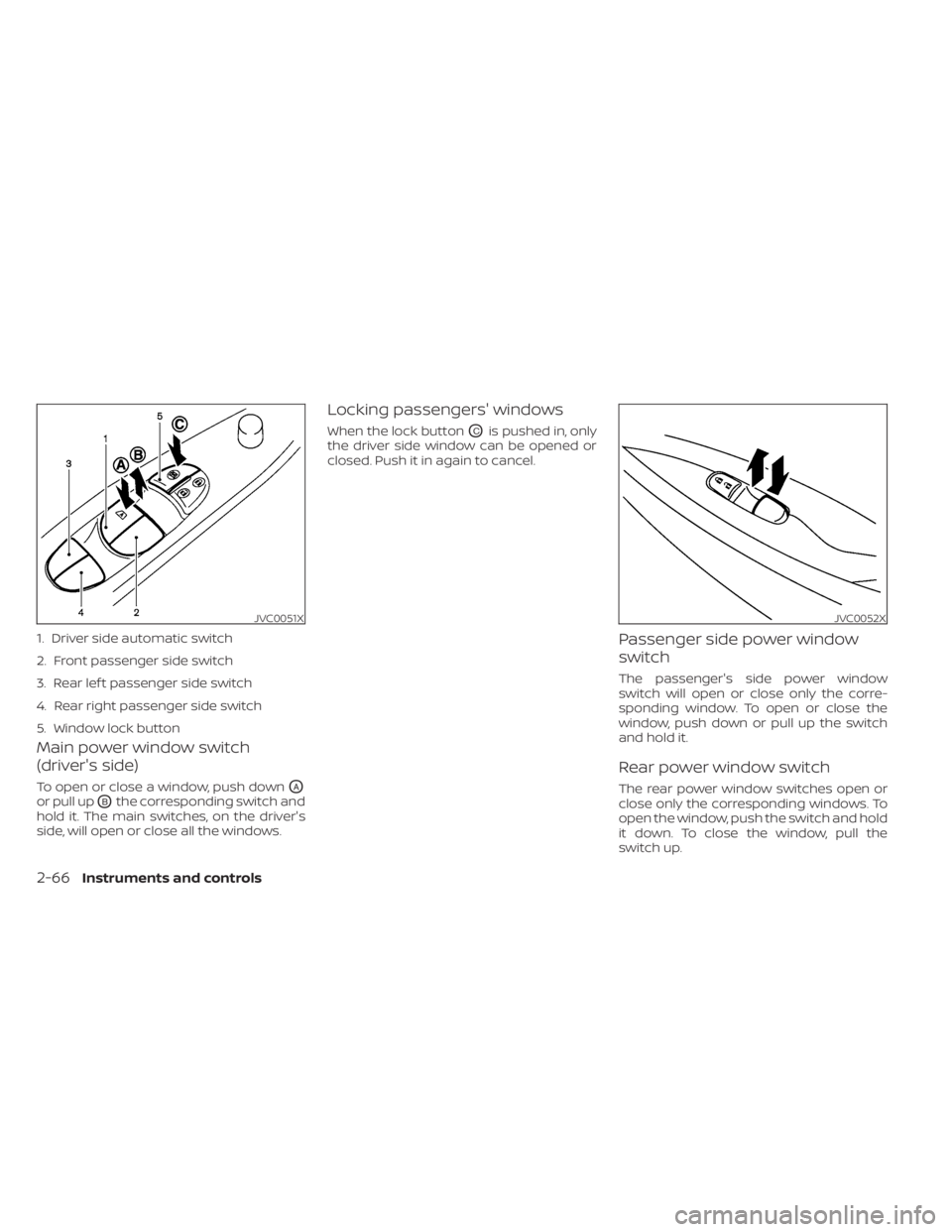 NISSAN LEAF 2021  Owner´s Manual Main power window switch
(driver's side)
To open or close a window, push downOA
or pull upOBthe corresponding switch and
hold it. The main switches, on the driver's
side, will open or close al