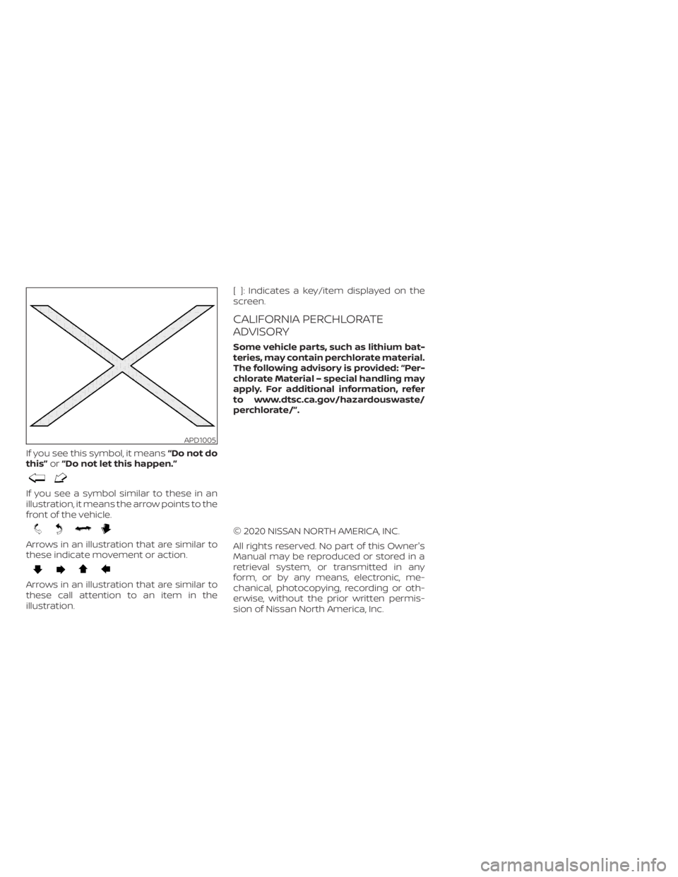 NISSAN LEAF 2021 Owner´s Manual If you see this symbol, it means“Do not do
this” or“Do not let this happen.”
If you see a symbol similar to these in an
illustration, it means the arrow points to the
front of the vehicle.
Arr NISSAN LEAF 2021 Owner´s Manual If you see this symbol, it means“Do not do
this” or“Do not let this happen.”
If you see a symbol similar to these in an
illustration, it means the arrow points to the
front of the vehicle.
Arr