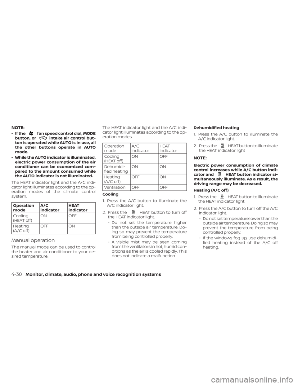 NISSAN LEAF 2021 Owner´s Manual NOTE:
• If thefan speed control dial, MODE
button, orintake air control but-
ton is operated while AUTO is in use, all
the other buttons operate in AUTO
mode.
• While the AUTO indicator is illumin NISSAN LEAF 2021 Owner´s Manual NOTE:
• If thefan speed control dial, MODE
button, orintake air control but-
ton is operated while AUTO is in use, all
the other buttons operate in AUTO
mode.
• While the AUTO indicator is illumin