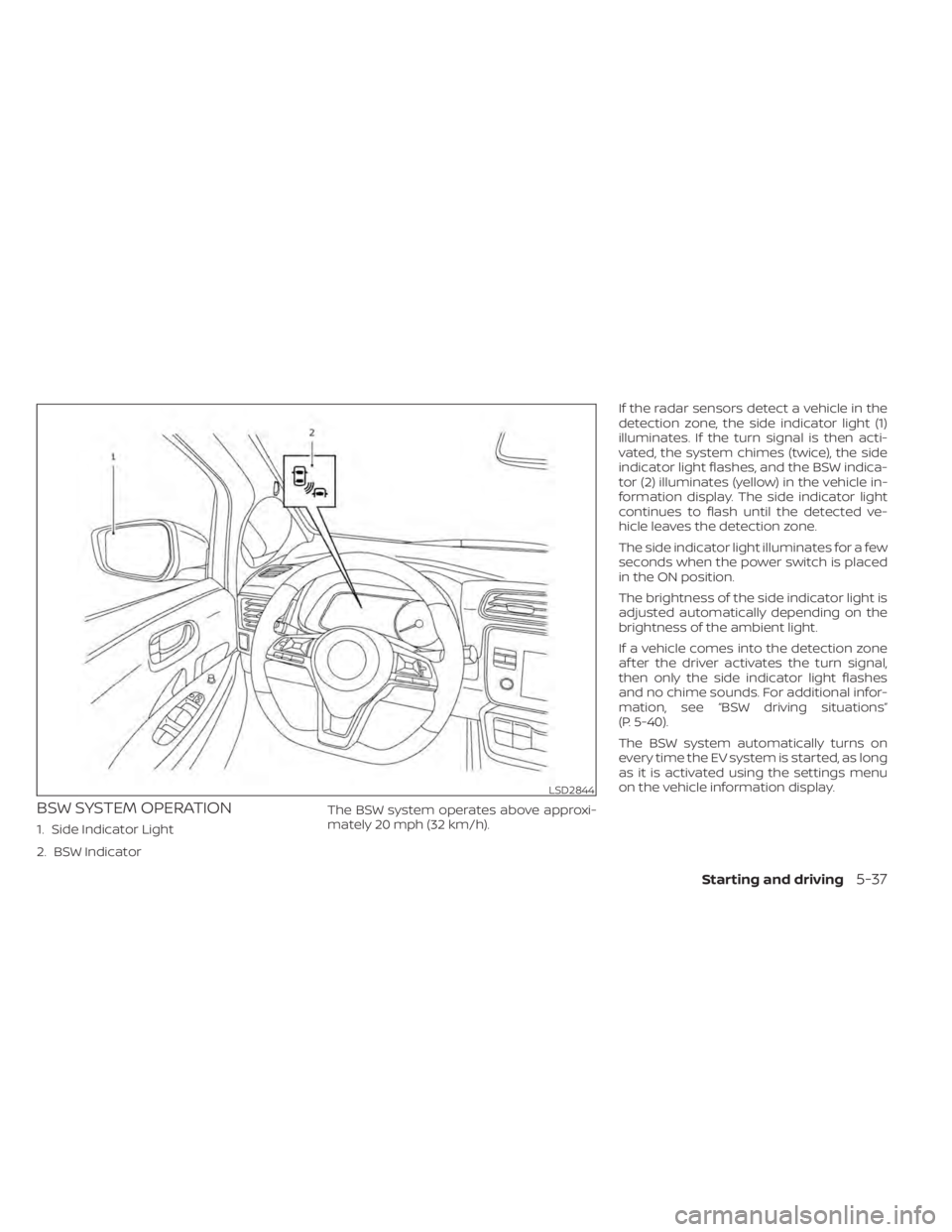 NISSAN LEAF 2021  Owner´s Manual BSW SYSTEM OPERATION
1. Side Indicator Light
2. BSW IndicatorThe BSW system operates above approxi-
mately 20 mph (32 km/h).If the radar sensors detect a vehicle in the
detection zone, the side indica