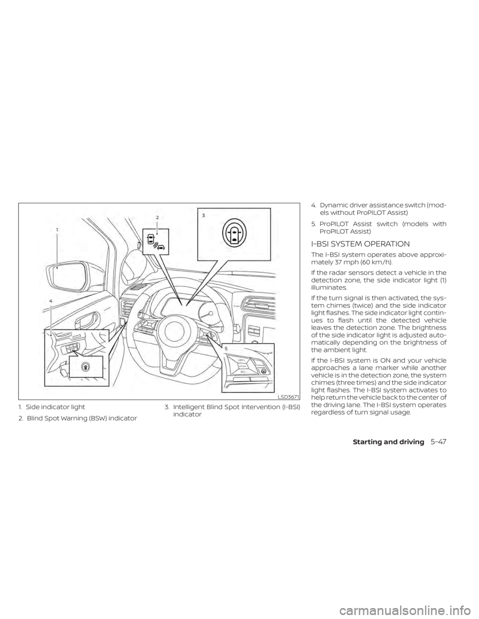NISSAN LEAF 2021 Owner´s Manual 1. Side indicator light
2. Blind Spot Warning (BSW) indicator3. Intelligent Blind Spot Intervention (I-BSI)
indicator 4. Dynamic driver assistance switch (mod-
els without ProPILOT Assist)
5. ProPILOT NISSAN LEAF 2021 Owner´s Manual 1. Side indicator light
2. Blind Spot Warning (BSW) indicator3. Intelligent Blind Spot Intervention (I-BSI)
indicator 4. Dynamic driver assistance switch (mod-
els without ProPILOT Assist)
5. ProPILOT