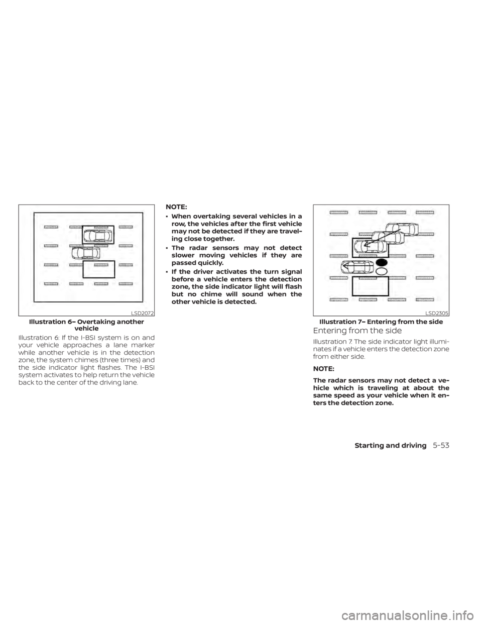 NISSAN LEAF 2021 Owner´s Manual Illustration 6: If the I-BSI system is on and
your vehicle approaches a lane marker
while another vehicle is in the detection
zone, the system chimes (three times) and
the side indicator light flashes NISSAN LEAF 2021 Owner´s Manual Illustration 6: If the I-BSI system is on and
your vehicle approaches a lane marker
while another vehicle is in the detection
zone, the system chimes (three times) and
the side indicator light flashes