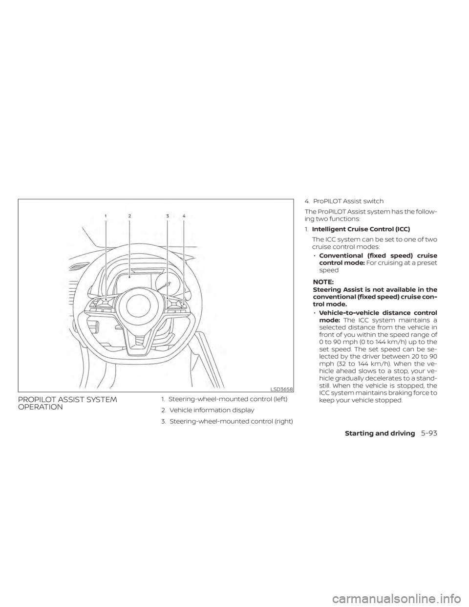 NISSAN LEAF 2021 Owner´s Manual PROPILOT ASSIST SYSTEM
OPERATION1. Steering-wheel-mounted control (lef t)
2. Vehicle information display
3. Steering-wheel-mounted control (right)4. ProPILOT Assist switch
The ProPILOT Assist system h NISSAN LEAF 2021 Owner´s Manual PROPILOT ASSIST SYSTEM
OPERATION1. Steering-wheel-mounted control (lef t)
2. Vehicle information display
3. Steering-wheel-mounted control (right)4. ProPILOT Assist switch
The ProPILOT Assist system h