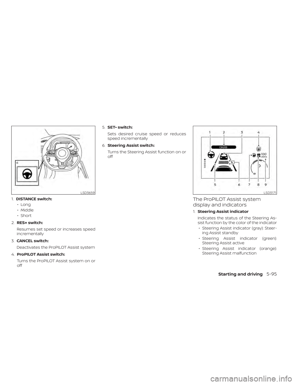 NISSAN LEAF 2021 Owner´s Manual 1.DISTANCE switch:
• Long
• Middle
• Short
2. RES+ switch:
Resumes set speed or increases speed
incrementally
3. CANCEL switch:
Deactivates the ProPILOT Assist system
4. ProPILOT Assist switch:
NISSAN LEAF 2021 Owner´s Manual 1.DISTANCE switch:
• Long
• Middle
• Short
2. RES+ switch:
Resumes set speed or increases speed
incrementally
3. CANCEL switch:
Deactivates the ProPILOT Assist system
4. ProPILOT Assist switch: