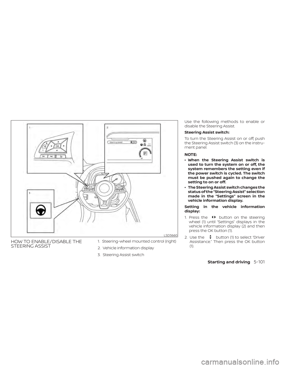 NISSAN LEAF 2021 Owner´s Manual HOW TO ENABLE/DISABLE THE
STEERING ASSIST1. Steering-wheel mounted control (right)
2. Vehicle information display
3. Steering Assist switchUse the following methods to enable or
disable the Steering A NISSAN LEAF 2021 Owner´s Manual HOW TO ENABLE/DISABLE THE
STEERING ASSIST1. Steering-wheel mounted control (right)
2. Vehicle information display
3. Steering Assist switchUse the following methods to enable or
disable the Steering A