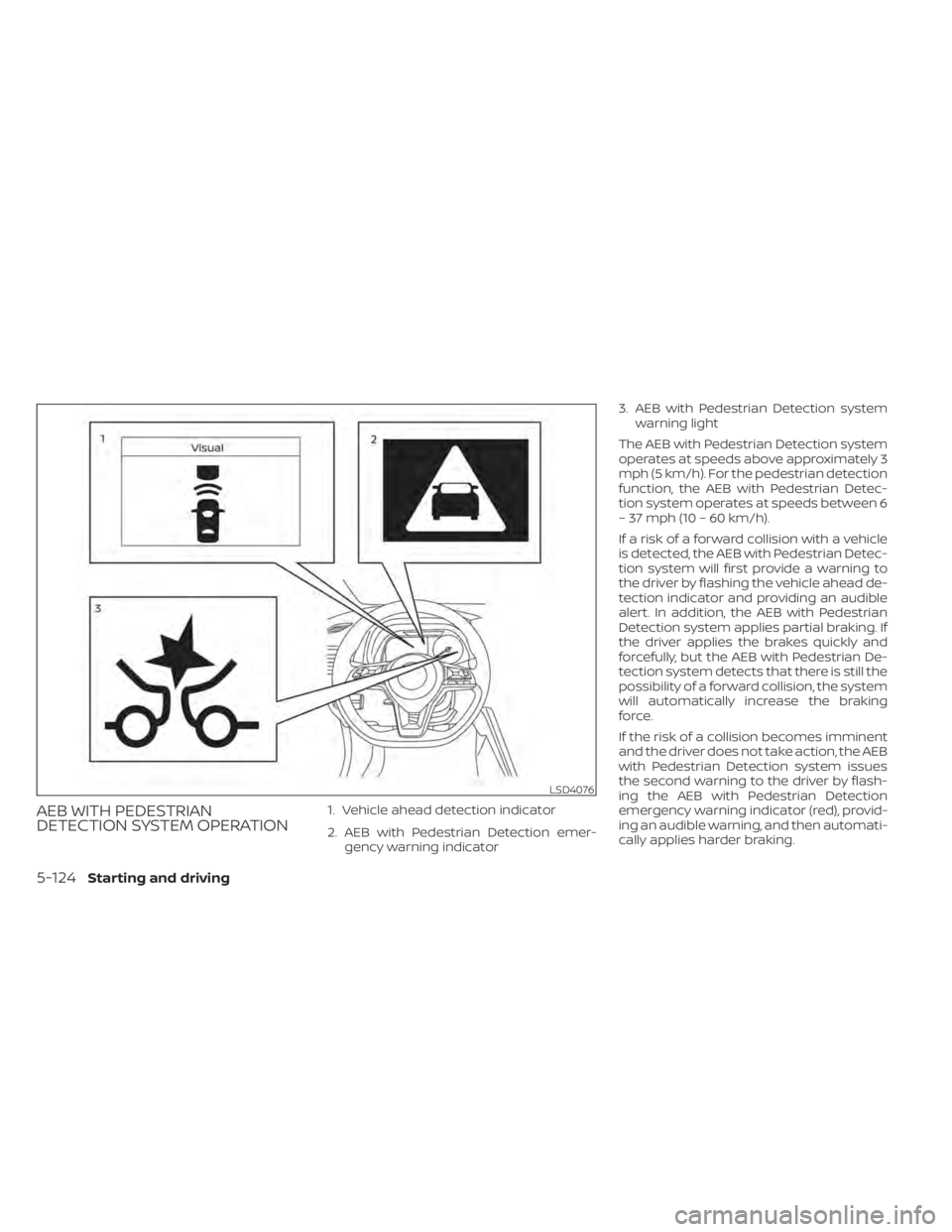 NISSAN LEAF 2021 Owner´s Manual AEB WITH PEDESTRIAN
DETECTION SYSTEM OPERATION1. Vehicle ahead detection indicator
2. AEB with Pedestrian Detection emer-gency warning indicator 3. AEB with Pedestrian Detection system
warning light
T NISSAN LEAF 2021 Owner´s Manual AEB WITH PEDESTRIAN
DETECTION SYSTEM OPERATION1. Vehicle ahead detection indicator
2. AEB with Pedestrian Detection emer-gency warning indicator 3. AEB with Pedestrian Detection system
warning light
T