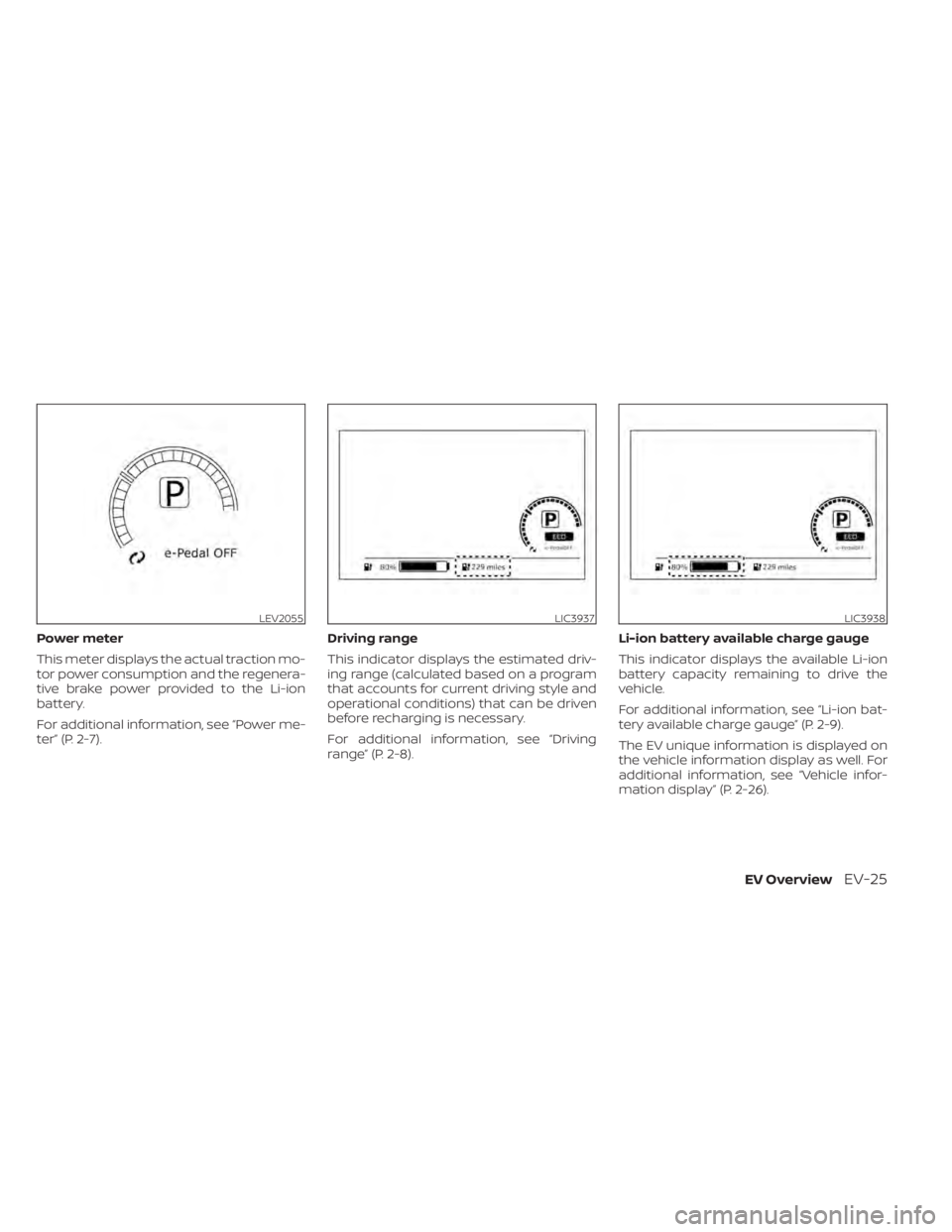 NISSAN LEAF 2021  Owner´s Manual Power meter
This meter displays the actual traction mo-
tor power consumption and the regenera-
tive brake power provided to the Li-ion
battery.
For additional information, see “Power me-
ter” (P.