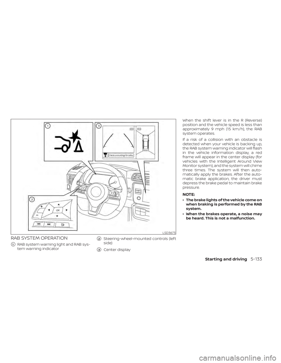 NISSAN LEAF 2021  Owner´s Manual RAB SYSTEM OPERATION
1RAB system warning light and RAB sys-
tem warning indicator
2Steering-wheel-mounted controls (lef t
side)
3Center display When the shif t lever is in the R (Reverse)
position 