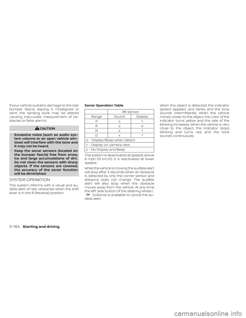 NISSAN LEAF 2021 Owner´s Manual If your vehicle sustains damage to the rear
bumper fascia, leaving it misaligned or
bent, the sensing zone may be altered
causing inaccurate measurement of ob-
stacles or false alarms.
CAUTION
• Exc NISSAN LEAF 2021 Owner´s Manual If your vehicle sustains damage to the rear
bumper fascia, leaving it misaligned or
bent, the sensing zone may be altered
causing inaccurate measurement of ob-
stacles or false alarms.
CAUTION
• Exc