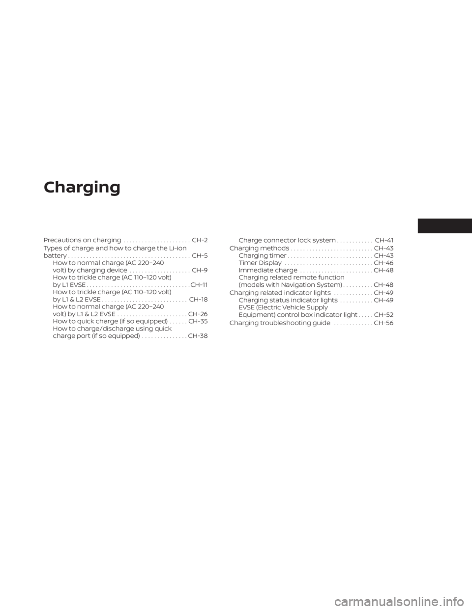 NISSAN LEAF 2021  Owner´s Manual Charging
Precautions on charging......................CH-2
Types of charge and how to charge the Li-ion
battery........................................ CH-5
How to normal charge (AC 220–240
volt) by