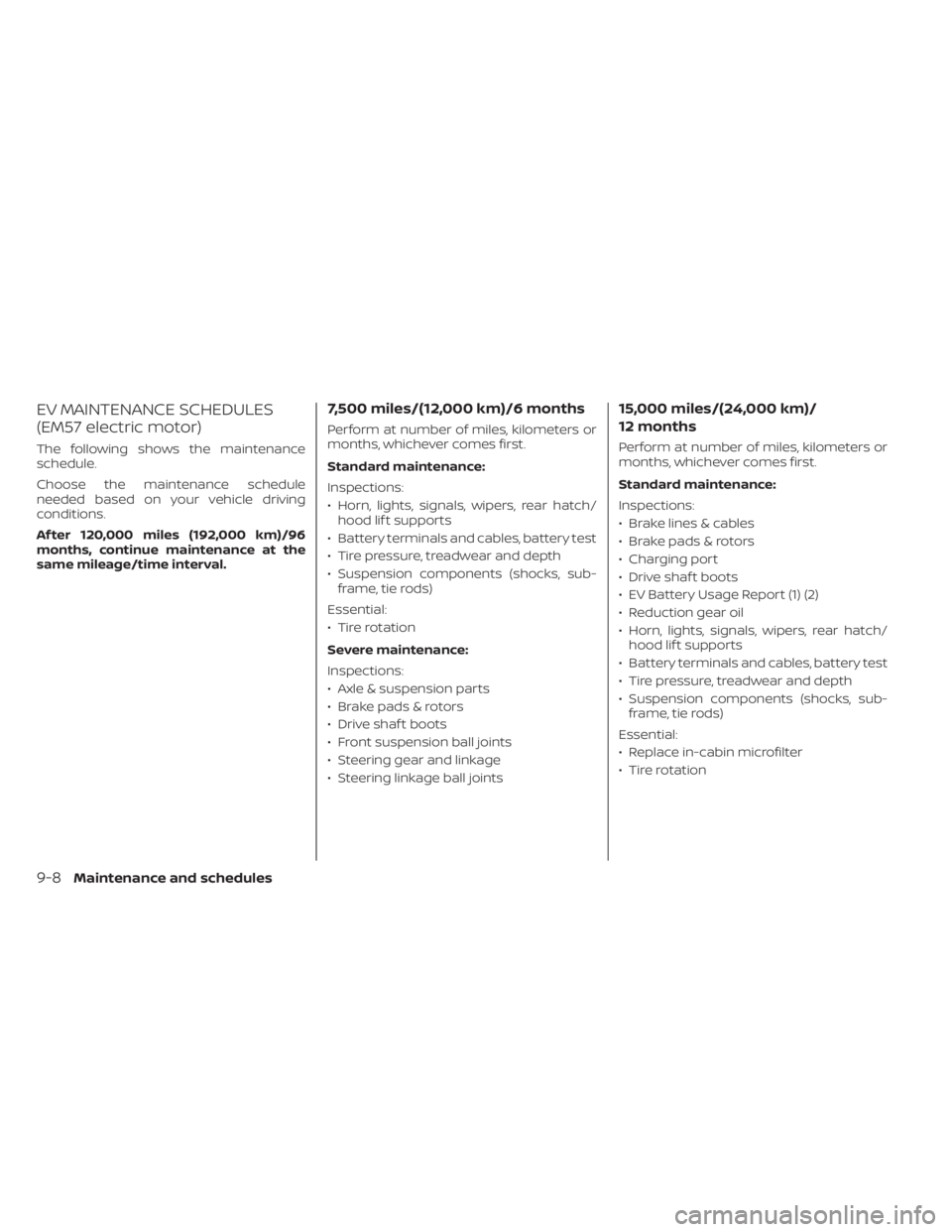 NISSAN LEAF 2021 Owner´s Manual EV MAINTENANCE SCHEDULES
(EM57 electric motor)
The following shows the maintenance
schedule.
Choose the maintenance schedule
needed based on your vehicle driving
conditions.
Af ter 120,000 miles (192, NISSAN LEAF 2021 Owner´s Manual EV MAINTENANCE SCHEDULES
(EM57 electric motor)
The following shows the maintenance
schedule.
Choose the maintenance schedule
needed based on your vehicle driving
conditions.
Af ter 120,000 miles (192,