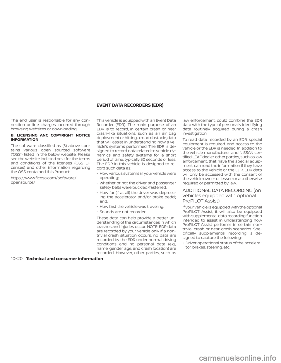 NISSAN LEAF 2021 Owner´s Manual The end user is responsible for any con-
nection or line charges incurred through
browsing websites or downloading.
B. LICENSING ANC COPYRIGHT NOTICE
INFORMATION
The sof tware classified as (5) above NISSAN LEAF 2021 Owner´s Manual The end user is responsible for any con-
nection or line charges incurred through
browsing websites or downloading.
B. LICENSING ANC COPYRIGHT NOTICE
INFORMATION
The sof tware classified as (5) above