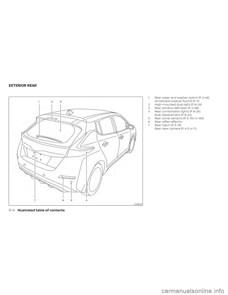 NISSAN LEAF 2020  Owner´s Manual 1. Rear wiper and washer switch (P. 2-46)Windshield-washer fluid (P. 8-11)
2. High-mounted stop light (P. 8-24)
3. Rear window defroster (P. 2-48)
4. Rear combination lights (P. 8-24) Bulb replacement