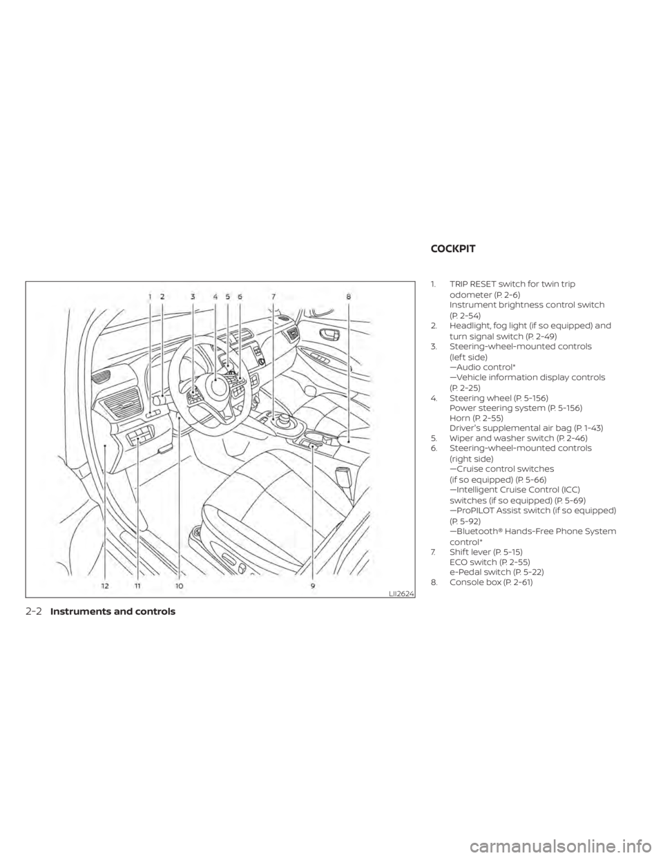 NISSAN LEAF 2020 Owner´s Manual 1. TRIP RESET switch for twin tripodometer (P. 2-6)
Instrument brightness control switch
(P. 2-54)
2. Headlight, fog light (if so equipped) and
turn signal switch (P. 2-49)
3. Steering-wheel-mounted c NISSAN LEAF 2020 Owner´s Manual 1. TRIP RESET switch for twin tripodometer (P. 2-6)
Instrument brightness control switch
(P. 2-54)
2. Headlight, fog light (if so equipped) and
turn signal switch (P. 2-49)
3. Steering-wheel-mounted c