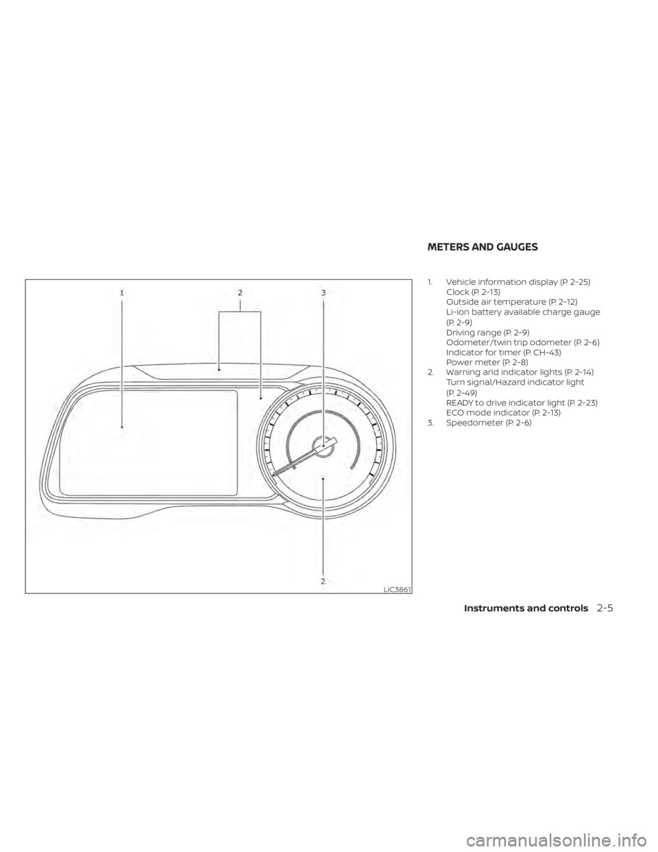 NISSAN LEAF 2020 Owner´s Manual 1. Vehicle information display (P. 2-25)Clock (P. 2-13)
Outside air temperature (P. 2-12)
Li-ion battery available charge gauge
(P. 2-9)
Driving range (P. 2-9)
Odometer/twin trip odometer (P. 2-6)
Ind NISSAN LEAF 2020 Owner´s Manual 1. Vehicle information display (P. 2-25)Clock (P. 2-13)
Outside air temperature (P. 2-12)
Li-ion battery available charge gauge
(P. 2-9)
Driving range (P. 2-9)
Odometer/twin trip odometer (P. 2-6)
Ind