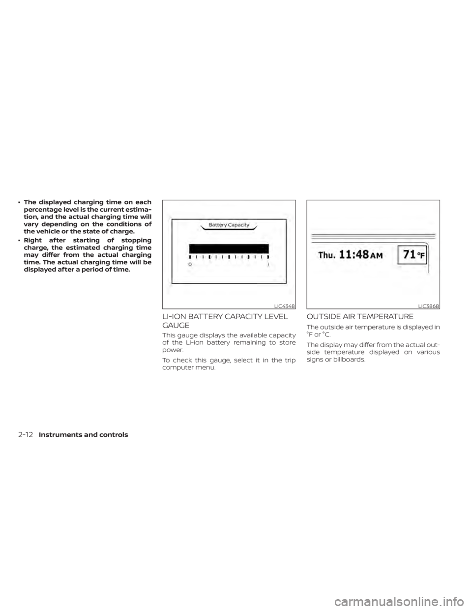 NISSAN LEAF 2020 Owner´s Manual • The displayed charging time on eachpercentage level is the current estima-
tion, and the actual charging time will
vary depending on the conditions of
the vehicle or the state of charge.
• Right NISSAN LEAF 2020 Owner´s Manual • The displayed charging time on eachpercentage level is the current estima-
tion, and the actual charging time will
vary depending on the conditions of
the vehicle or the state of charge.
• Right