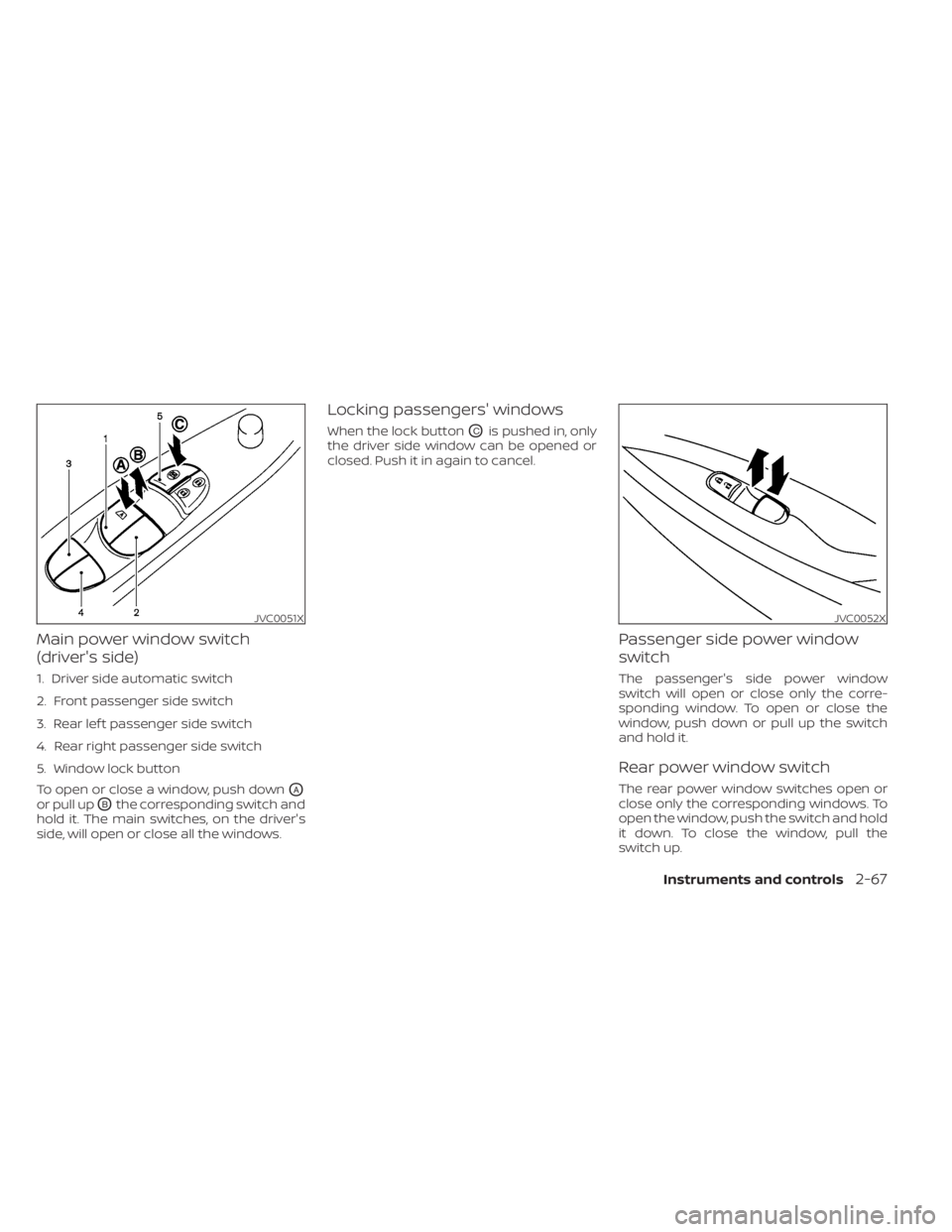 NISSAN LEAF 2020  Owner´s Manual Main power window switch
(driver's side)
1. Driver side automatic switch
2. Front passenger side switch
3. Rear lef t passenger side switch
4. Rear right passenger side switch
5. Window lock butto
