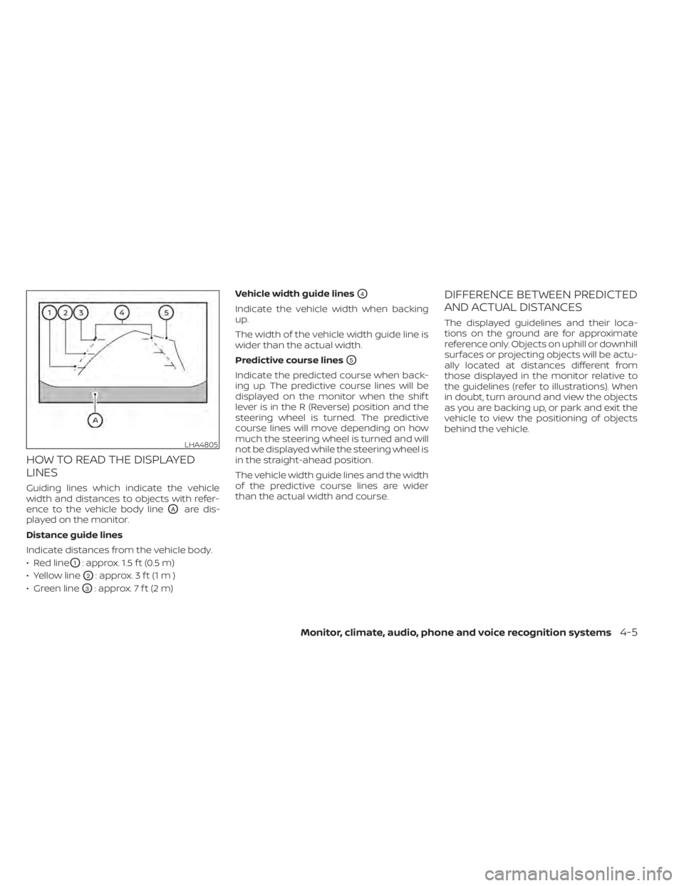 NISSAN LEAF 2020 Owner´s Manual HOW TO READ THE DISPLAYED
LINES
Guiding lines which indicate the vehicle
width and distances to objects with refer-
ence to the vehicle body line
OAare dis-
played on the monitor.
Distance guide lines NISSAN LEAF 2020 Owner´s Manual HOW TO READ THE DISPLAYED
LINES
Guiding lines which indicate the vehicle
width and distances to objects with refer-
ence to the vehicle body line
OAare dis-
played on the monitor.
Distance guide lines