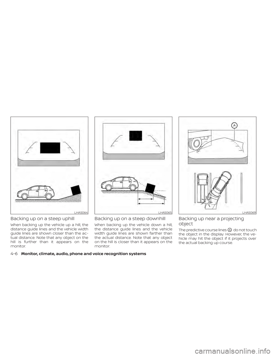 NISSAN LEAF 2020 Owner´s Manual Backing up on a steep uphill
When backing up the vehicle up a hill, the
distance guide lines and the vehicle width
guide lines are shown closer than the ac-
tual distance. Note that any object on the
NISSAN LEAF 2020 Owner´s Manual Backing up on a steep uphill
When backing up the vehicle up a hill, the
distance guide lines and the vehicle width
guide lines are shown closer than the ac-
tual distance. Note that any object on the