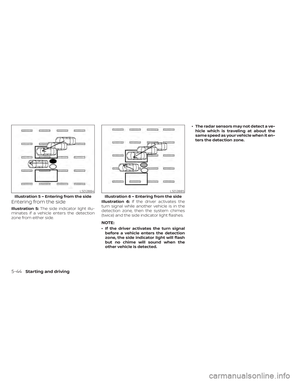 NISSAN LEAF 2020 Owner´s Manual Entering from the side
Illustration 5:The side indicator light illu-
minates if a vehicle enters the detection
zone from either side. Illustration 6:
If the driver activates the
turn signal while anot NISSAN LEAF 2020 Owner´s Manual Entering from the side
Illustration 5:The side indicator light illu-
minates if a vehicle enters the detection
zone from either side. Illustration 6:
If the driver activates the
turn signal while anot