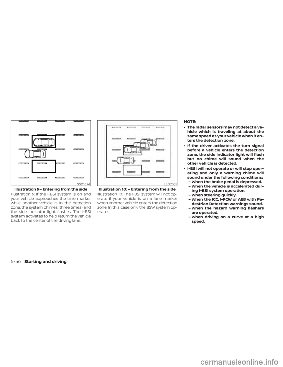 NISSAN LEAF 2020  Owner´s Manual Illustration 9: If the I-BSI system is on and
your vehicle approaches the lane marker
while another vehicle is in the detection
zone, the system chimes (three times) and
the side indicator light flash