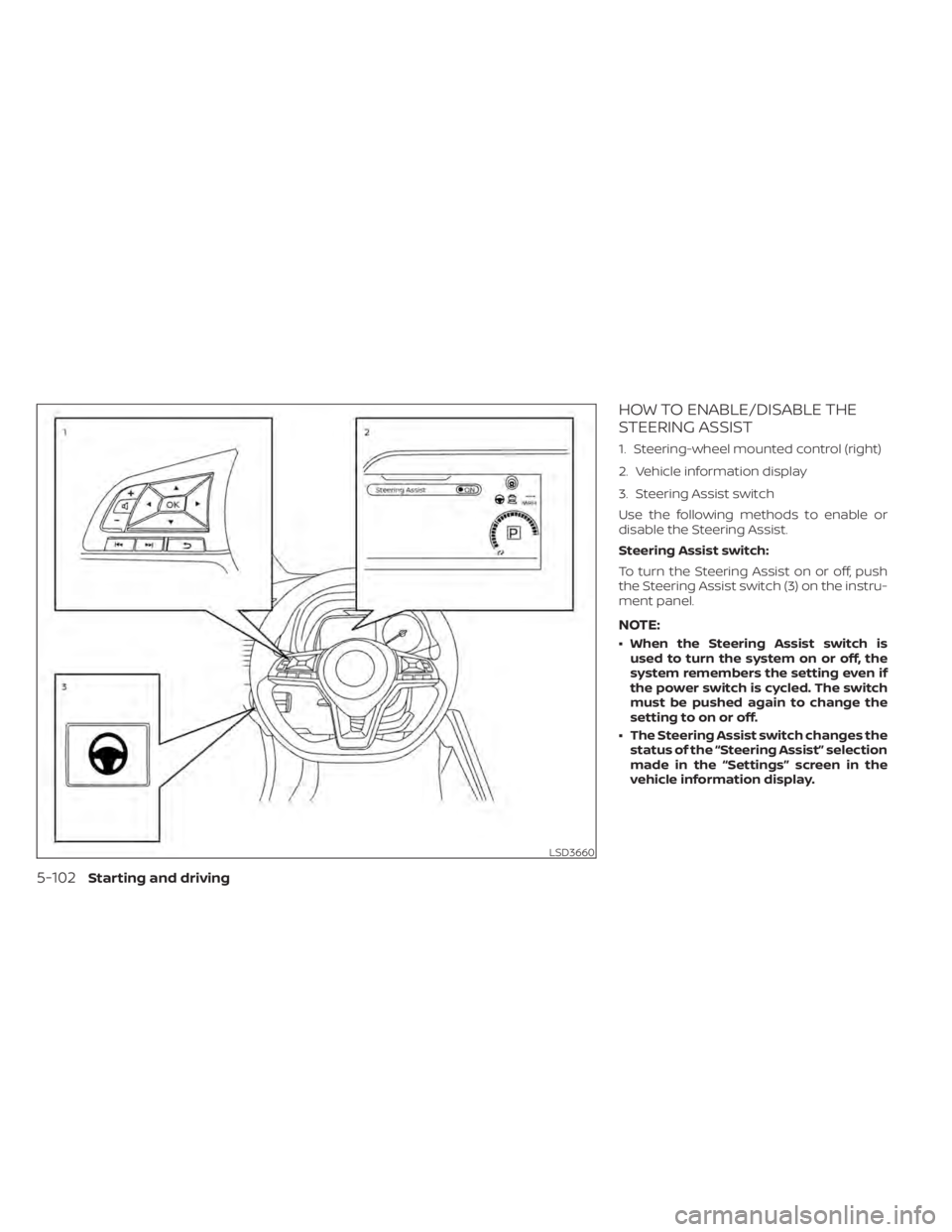 NISSAN LEAF 2020 Owner´s Manual HOW TO ENABLE/DISABLE THE
STEERING ASSIST
1. Steering-wheel mounted control (right)
2. Vehicle information display
3. Steering Assist switch
Use the following methods to enable or
disable the Steering NISSAN LEAF 2020 Owner´s Manual HOW TO ENABLE/DISABLE THE
STEERING ASSIST
1. Steering-wheel mounted control (right)
2. Vehicle information display
3. Steering Assist switch
Use the following methods to enable or
disable the Steering
