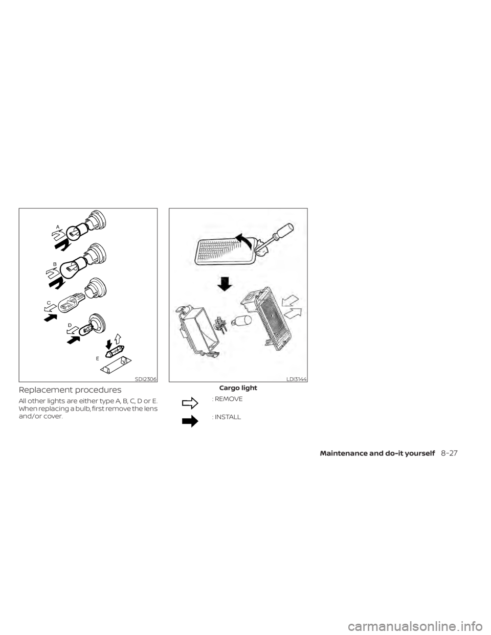 NISSAN LEAF 2020  Owner´s Manual Replacement procedures
All other lights are either type A, B, C, D or E.
When replacing a bulb, first remove the lens
and/or cover.: REMOVE
: INSTALL
SDI2306LDI3144
Cargo light
Maintenance and do-it y
