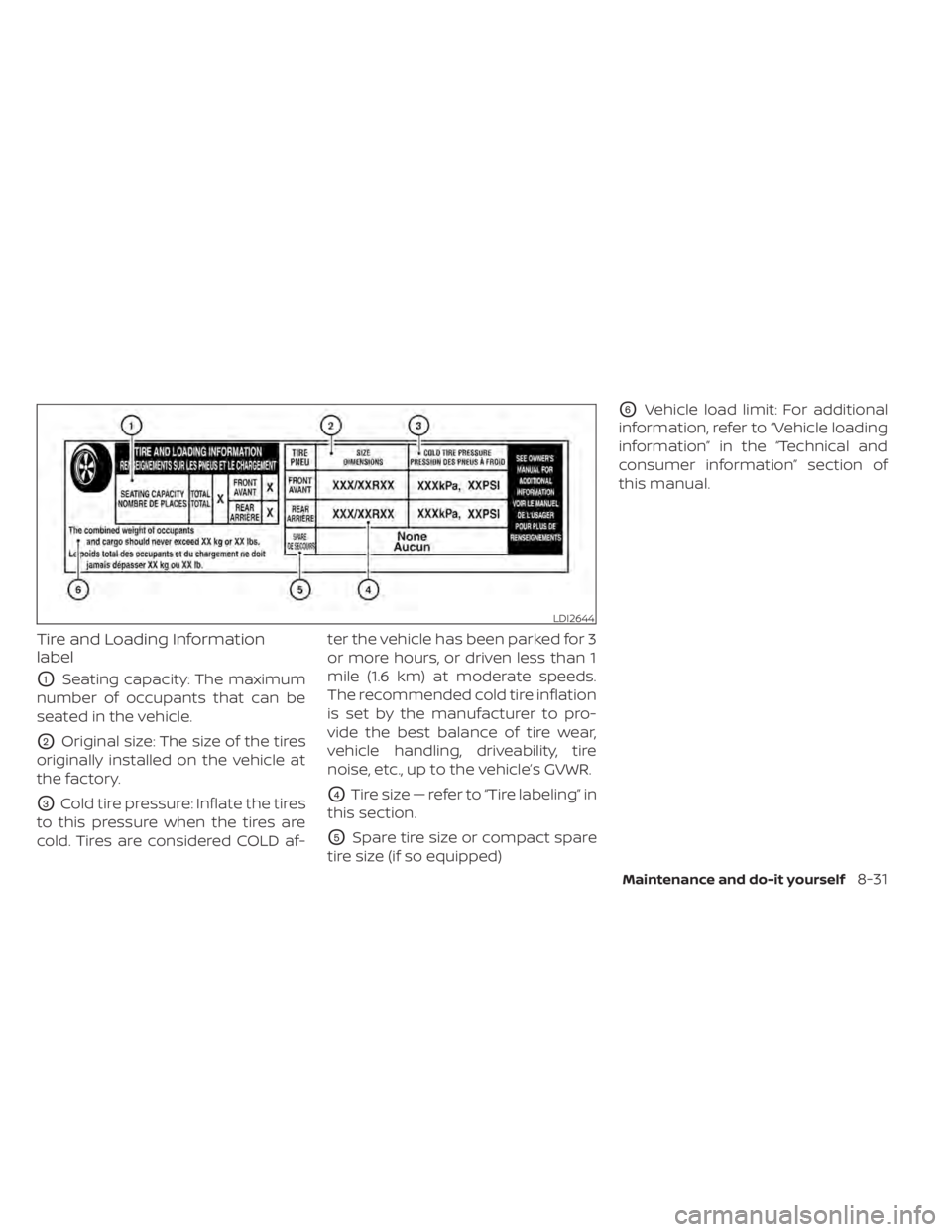 NISSAN LEAF 2020 Owner´s Manual Tire and Loading Information
label
O1Seating capacity: The maximum
number of occupants that can be
seated in the vehicle.
O2Original size: The size of the tires
originally installed on the vehicle at
NISSAN LEAF 2020 Owner´s Manual Tire and Loading Information
label
O1Seating capacity: The maximum
number of occupants that can be
seated in the vehicle.
O2Original size: The size of the tires
originally installed on the vehicle at