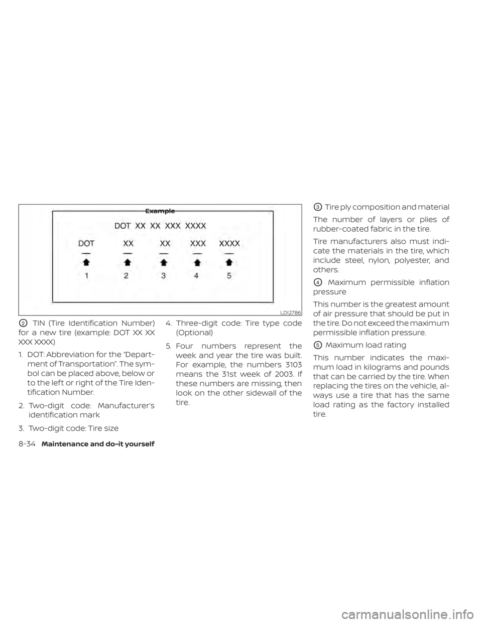 NISSAN LEAF 2020 Owner´s Manual O2TIN (Tire Identification Number)
for a new tire (example: DOT XX XX
XXX XXXX)
1. DOT: Abbreviation for the “Depart- ment of Transportation”. The sym-
bol can be placed above, below or
to the lef NISSAN LEAF 2020 Owner´s Manual O2TIN (Tire Identification Number)
for a new tire (example: DOT XX XX
XXX XXXX)
1. DOT: Abbreviation for the “Depart- ment of Transportation”. The sym-
bol can be placed above, below or
to the lef