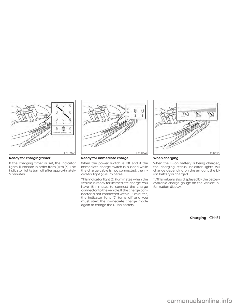 NISSAN LEAF 2020 Owner´s Manual Ready for charging timer
If the charging timer is set, the indicator
lights illuminate in order from (1) to (3). The
indicator lights turn off af ter approximately
5 minutes.Ready for immediate charge NISSAN LEAF 2020 Owner´s Manual Ready for charging timer
If the charging timer is set, the indicator
lights illuminate in order from (1) to (3). The
indicator lights turn off af ter approximately
5 minutes.Ready for immediate charge