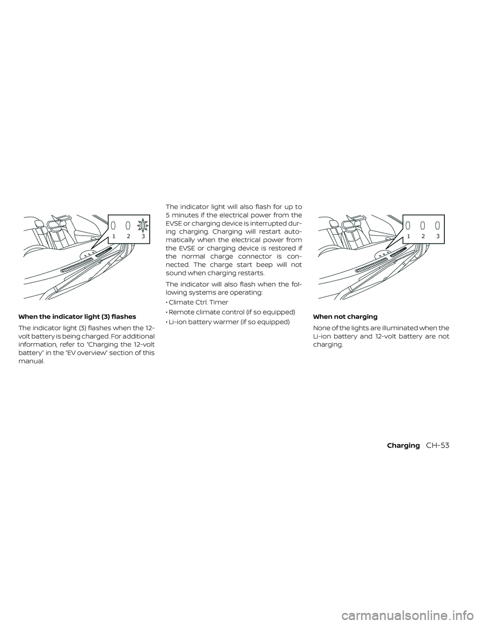 NISSAN LEAF 2019  Owner´s Manual When the indicator light (3) flashes
The indicator light (3) flashes when the 12-
volt battery is being charged. For additional
information, refer to “Charging the 12-volt
battery” in the “EV ov