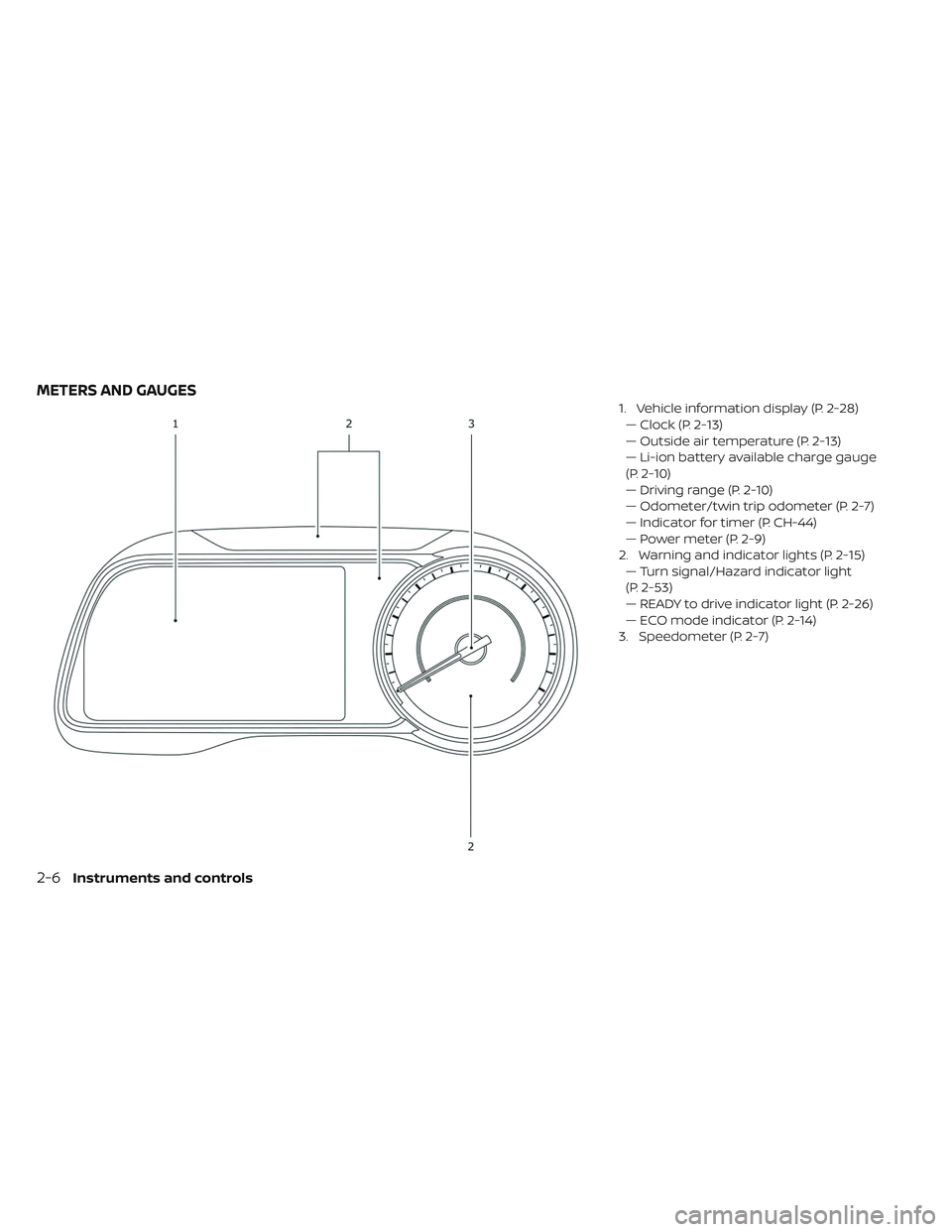 NISSAN LEAF 2019  Owner´s Manual 1. Vehicle information display (P. 2-28)— Clock (P. 2-13)
— Outside air temperature (P. 2-13)
— Li-ion battery available charge gauge
(P. 2-10)
— Driving range (P. 2-10)
— Odometer/twin trip