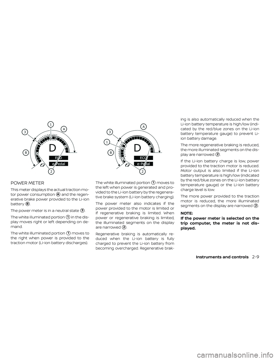 NISSAN LEAF 2019  Owner´s Manual POWER METER
This meter displays the actual traction mo-
tor power consumption
Aand the regen-
erative brake power provided to the Li-ion
battery
B.
The power meter is in a neutral state
3.
The whit