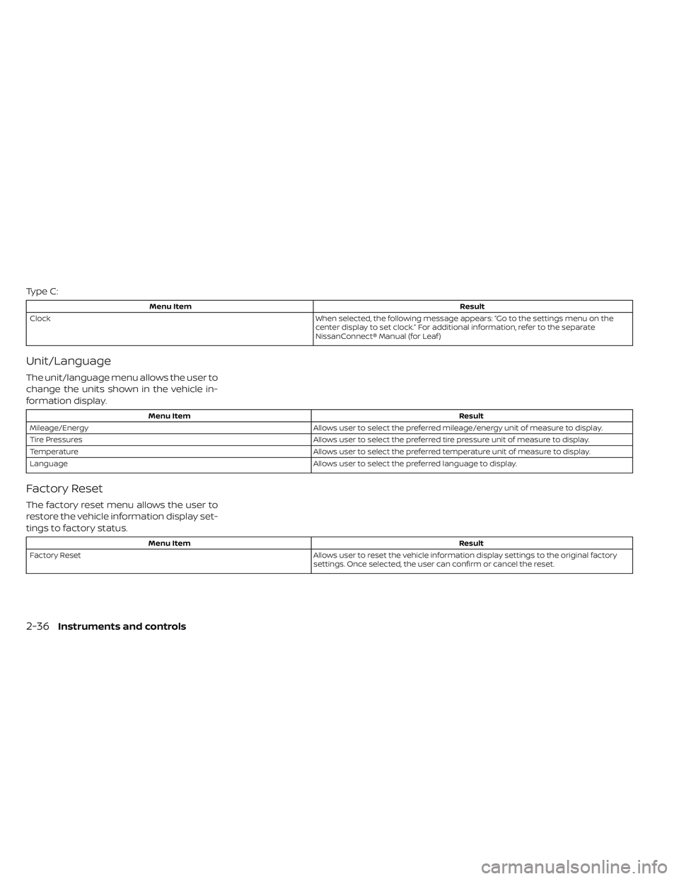 NISSAN LEAF 2019 Owner´s Manual Type C:
Menu ItemResult
Clock When selected, the following message appears: “Go to the settings menu on the
center display to set clock.” For additional information, refer to the separate
NissanCo NISSAN LEAF 2019 Owner´s Manual Type C:
Menu ItemResult
Clock When selected, the following message appears: “Go to the settings menu on the
center display to set clock.” For additional information, refer to the separate
NissanCo