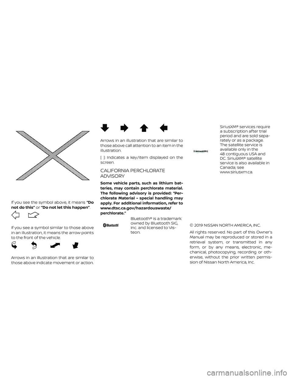 NISSAN LEAF 2019 Owner´s Manual If you see the symbol above, it means“Do
not do this” or“Do not let this happen”.
If you see a symbol similar to those above
in an illustration, it means the arrow points
to the front of the v NISSAN LEAF 2019 Owner´s Manual If you see the symbol above, it means“Do
not do this” or“Do not let this happen”.
If you see a symbol similar to those above
in an illustration, it means the arrow points
to the front of the v