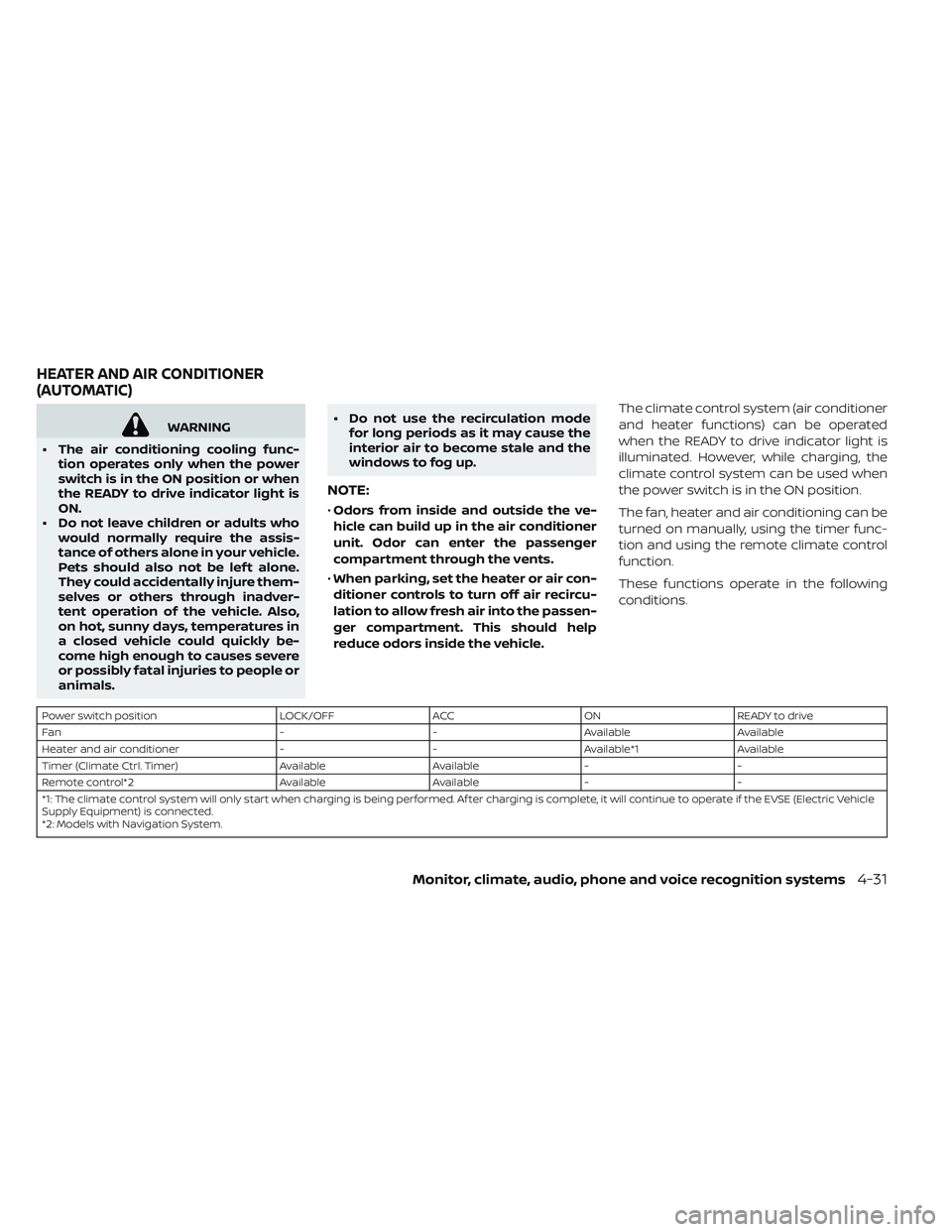 NISSAN LEAF 2019  Owner´s Manual WARNING
• The air conditioning cooling func- tion operates only when the power
switch is in the ON position or when
the READY to drive indicator light is
ON.
• Do not leave children or adults who 