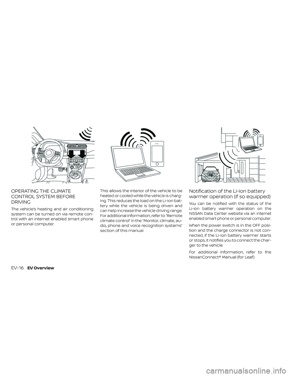 NISSAN LEAF 2019 Owner´s Manual OPERATING THE CLIMATE
CONTROL SYSTEM BEFORE
DRIVING
The vehicle’s heating and air conditioning
system can be turned on via remote con-
trol with an internet enabled smart phone
or personal computer. NISSAN LEAF 2019 Owner´s Manual OPERATING THE CLIMATE
CONTROL SYSTEM BEFORE
DRIVING
The vehicle’s heating and air conditioning
system can be turned on via remote con-
trol with an internet enabled smart phone
or personal computer.