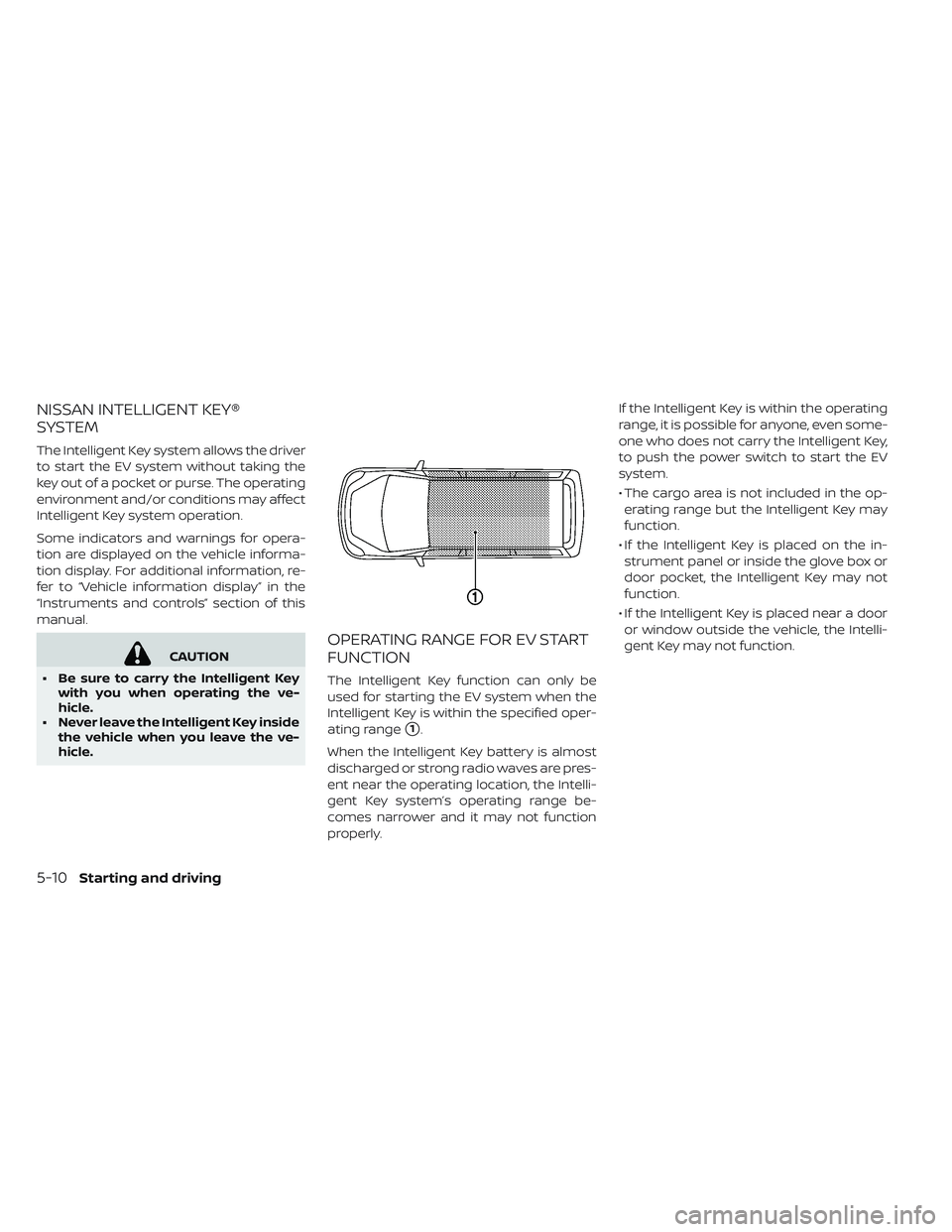NISSAN LEAF 2019  Owner´s Manual NISSAN INTELLIGENT KEY®
SYSTEM
The Intelligent Key system allows the driver
to start the EV system without taking the
key out of a pocket or purse. The operating
environment and/or conditions may aff