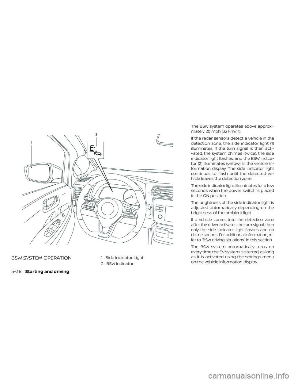 NISSAN LEAF 2019 Owner´s Manual BSW SYSTEM OPERATION1. Side Indicator Light
2. BSW IndicatorThe BSW system operates above approxi-
mately 20 mph (32 km/h).
If the radar sensors detect a vehicle in the
detection zone, the side indica NISSAN LEAF 2019 Owner´s Manual BSW SYSTEM OPERATION1. Side Indicator Light
2. BSW IndicatorThe BSW system operates above approxi-
mately 20 mph (32 km/h).
If the radar sensors detect a vehicle in the
detection zone, the side indica